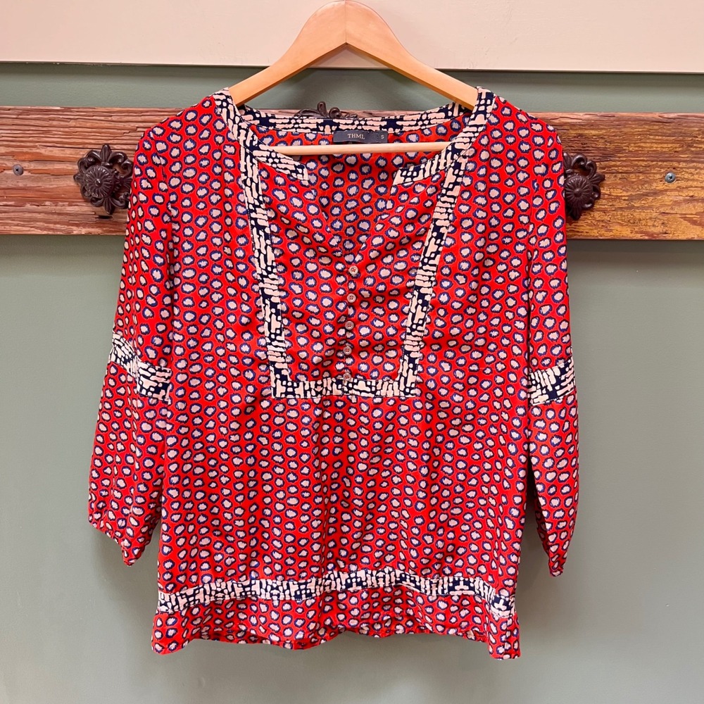 THML Orange Red Abstract Dot Print 3/4 Sleeve Blouse‎ Top Womens Small